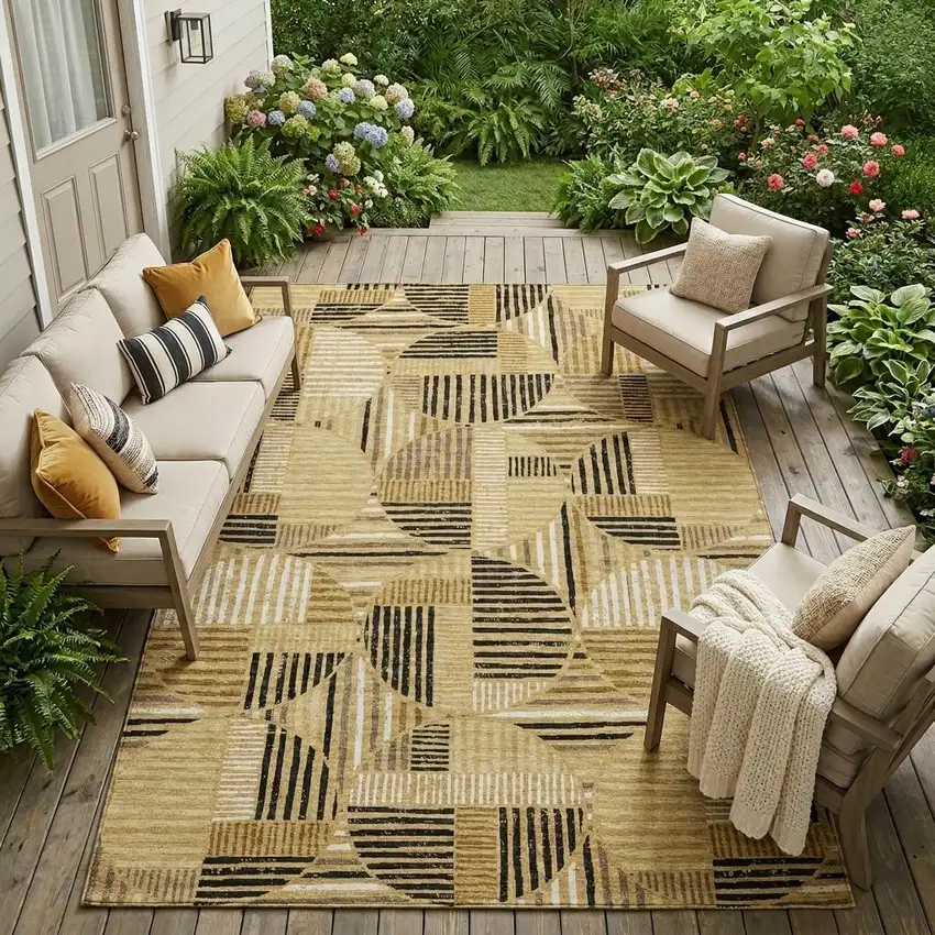 Gold And Blue Geometric Washable Indoor Outdoor Area Rug Photo 1