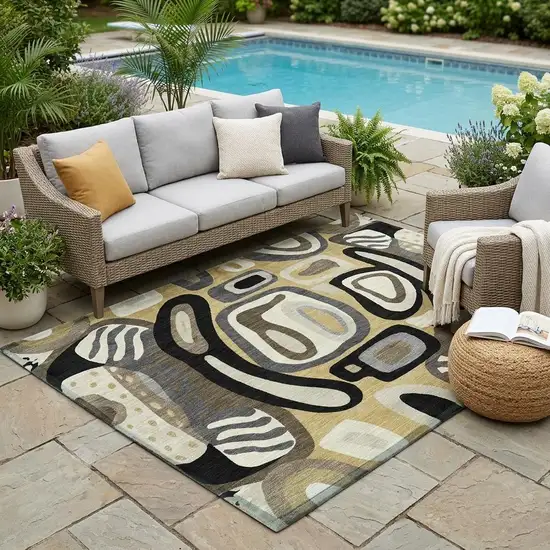 Gold And Brown Abstract Washable Indoor Outdoor Area Rug Photo 1