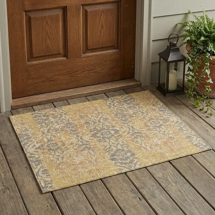 Gold And Brown Damask Washable Indoor Outdoor Area Rug Photo 1