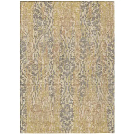 Gold And Brown Damask Washable Indoor Outdoor Area Rug Photo 2