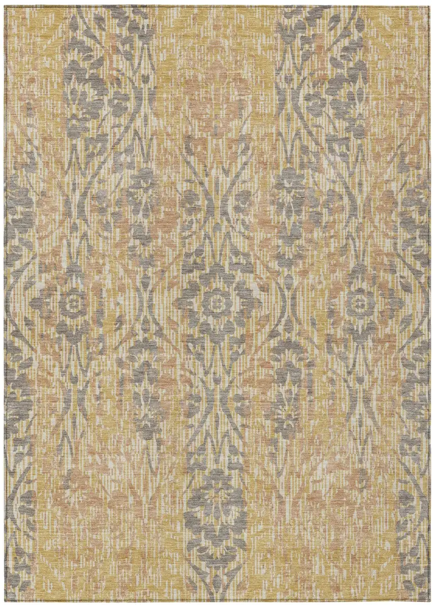 Gold And Brown Damask Washable Indoor Outdoor Area Rug Photo 2