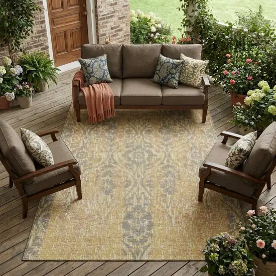 Gold And Brown Damask Washable Indoor Outdoor Area Rug Photo 1