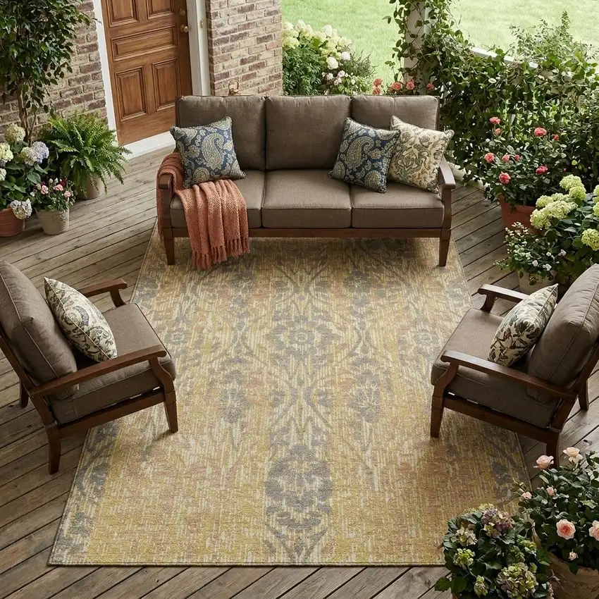 Gold And Brown Damask Washable Indoor Outdoor Area Rug Photo 1