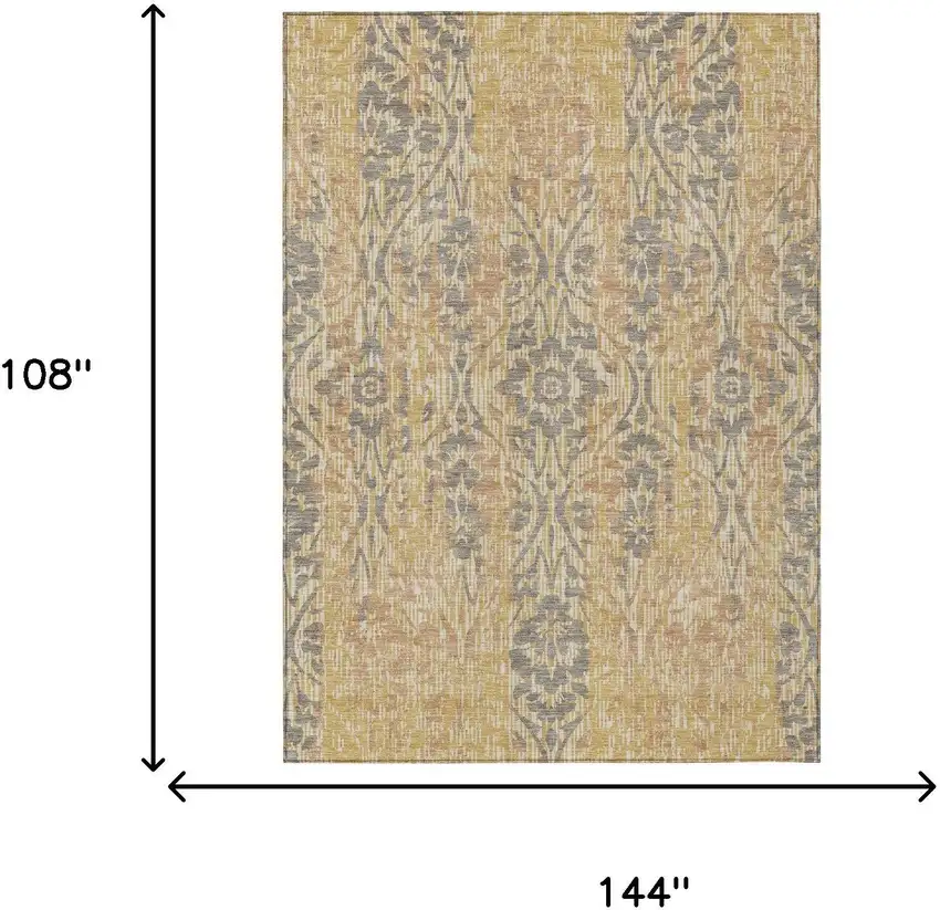 Gold And Brown Damask Washable Indoor Outdoor Area Rug Photo 7