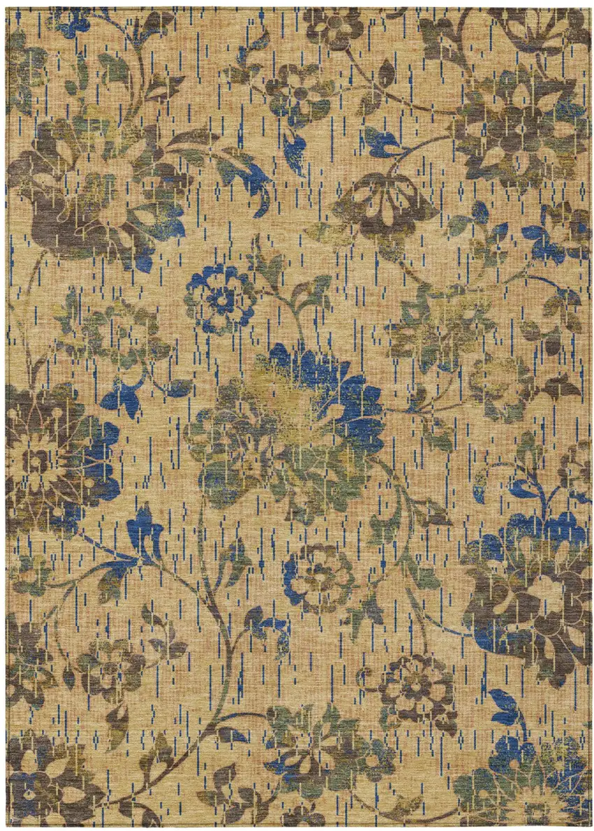 Gold And Brown Floral Washable Indoor Outdoor Area Rug Photo 1