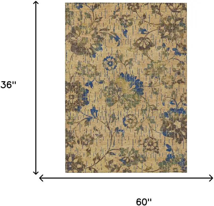 Gold And Brown Floral Washable Indoor Outdoor Area Rug Photo 6