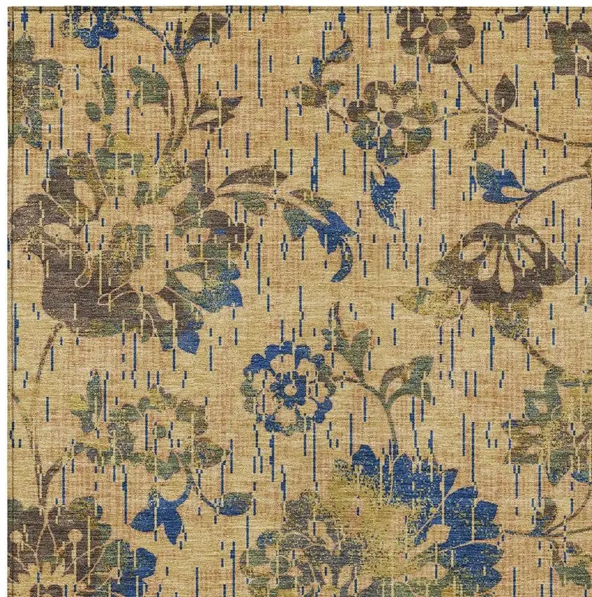 Gold And Brown Floral Washable Indoor Outdoor Area Rug Photo 2
