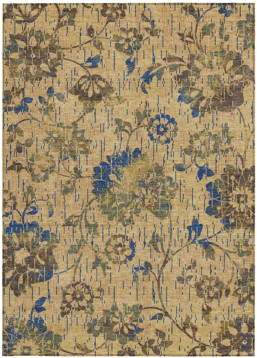 Gold And Brown Floral Washable Indoor Outdoor Area Rug Photo 3