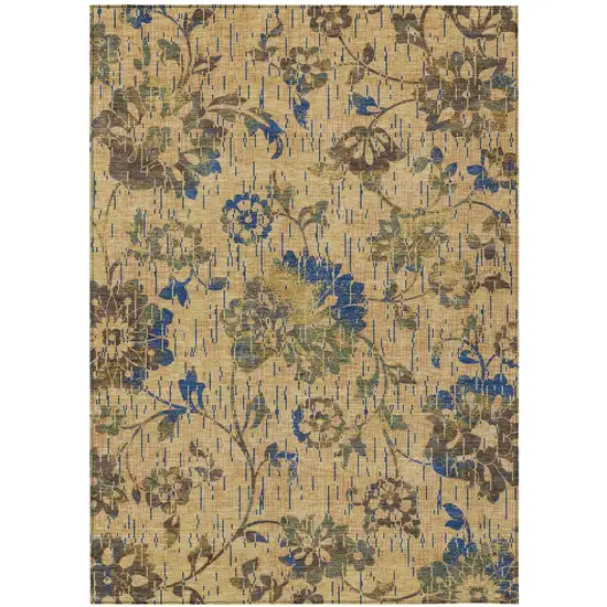 Gold And Brown Floral Washable Indoor Outdoor Area Rug Photo 1
