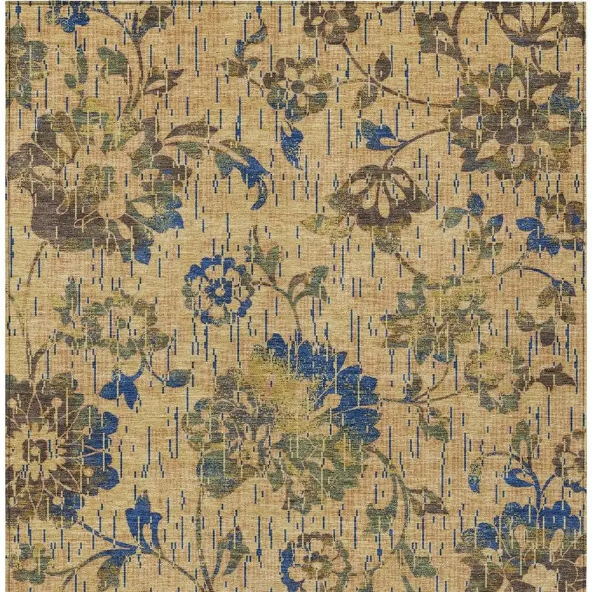 Gold And Brown Floral Washable Indoor Outdoor Area Rug Photo 3