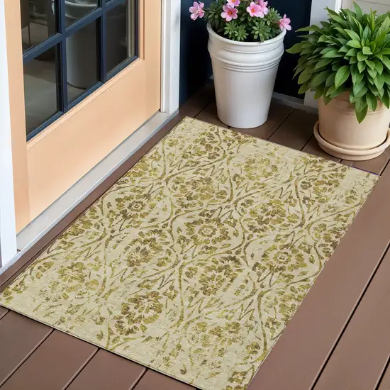Gold And Brown Floral Washable Indoor Outdoor Area Rug Photo 1