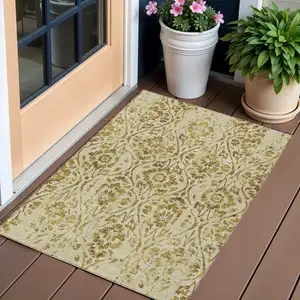 Photo of Gold And Brown Floral Washable Indoor Outdoor Area Rug