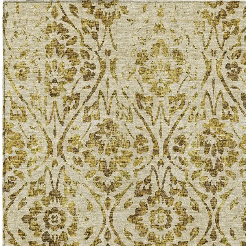 Gold And Brown Floral Washable Indoor Outdoor Area Rug Photo 6