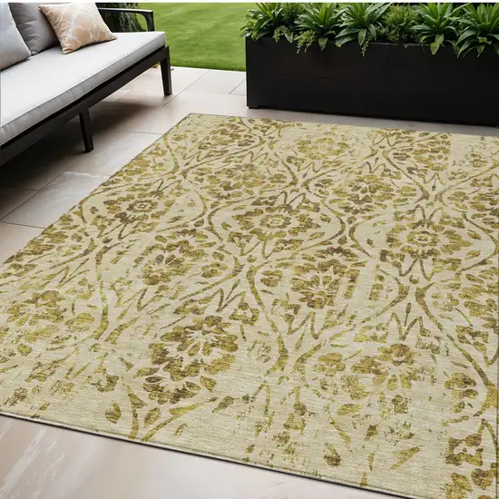 Gold And Brown Floral Washable Indoor Outdoor Area Rug Photo 1