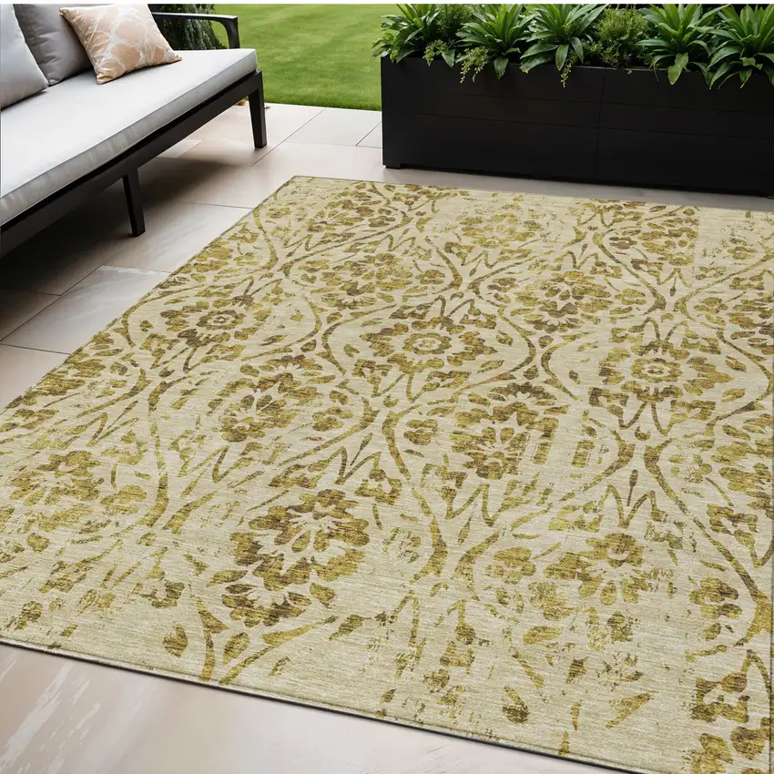 Gold And Brown Floral Washable Indoor Outdoor Area Rug Photo 1