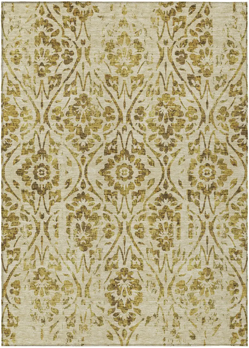 Gold And Brown Floral Washable Indoor Outdoor Area Rug Photo 2