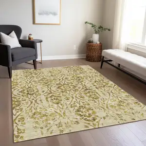 Photo of Gold And Brown Floral Washable Indoor Outdoor Area Rug