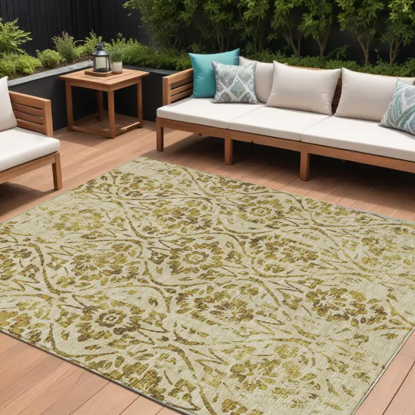 Gold And Brown Floral Washable Indoor Outdoor Area Rug Photo 1