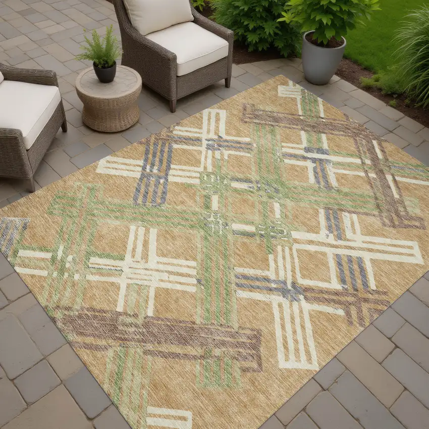 Gold And Brown Geometric Washable Indoor Outdoor Area Rug Photo 7