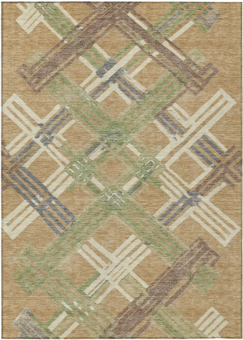 Gold And Brown Geometric Washable Indoor Outdoor Area Rug Photo 1