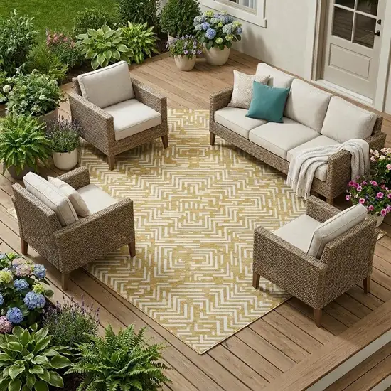 Gold And Brown Geometric Washable Indoor Outdoor Area Rug Photo 1