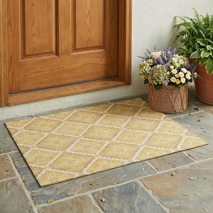 Gold And Brown Geometric Washable Indoor Outdoor Area Rug Photo 1