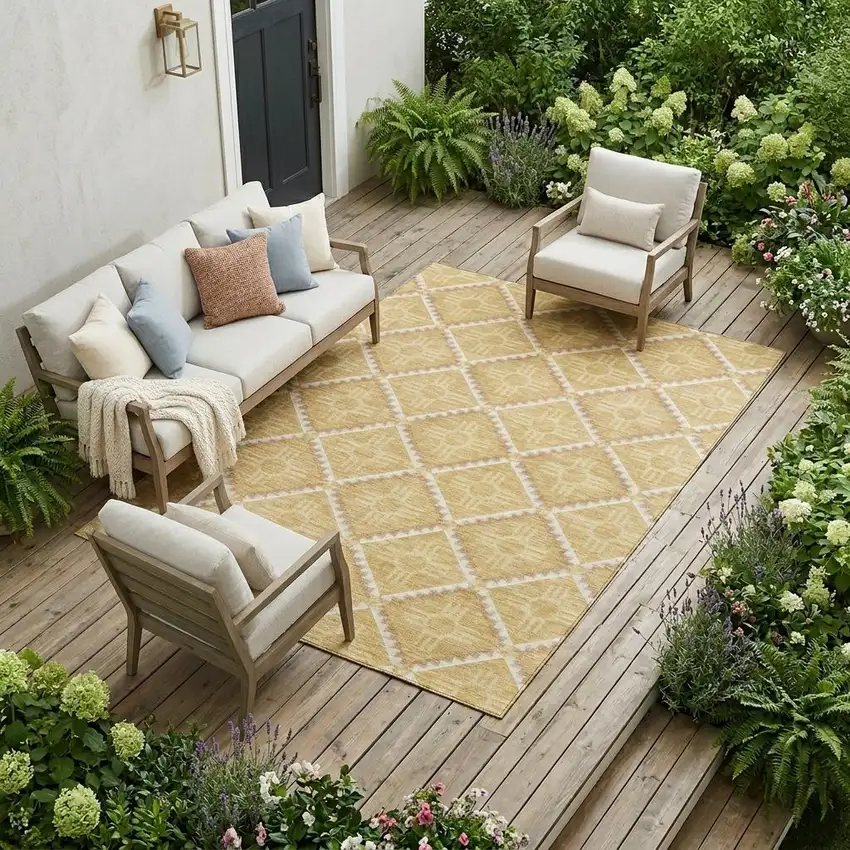 Gold And Brown Geometric Washable Indoor Outdoor Area Rug Photo 1