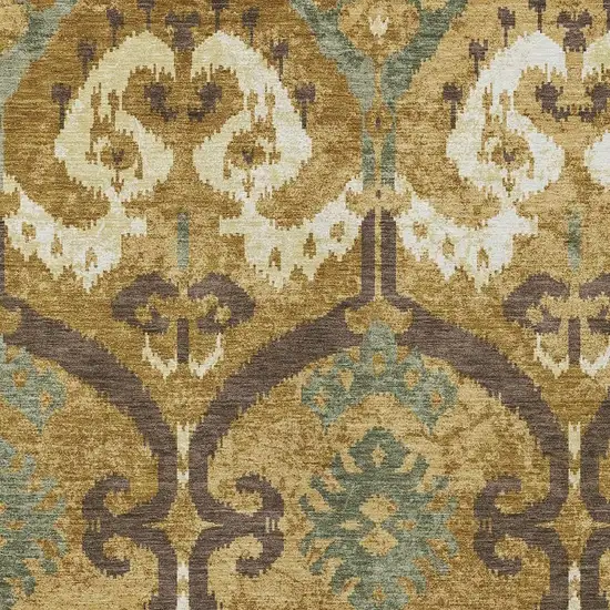 Gold And Brown Ikat Washable Indoor Outdoor Area Rug Photo 2