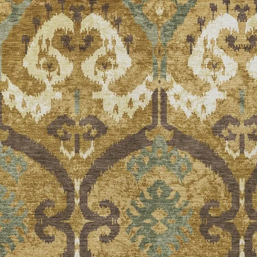 Gold And Brown Ikat Washable Indoor Outdoor Area Rug Photo 2