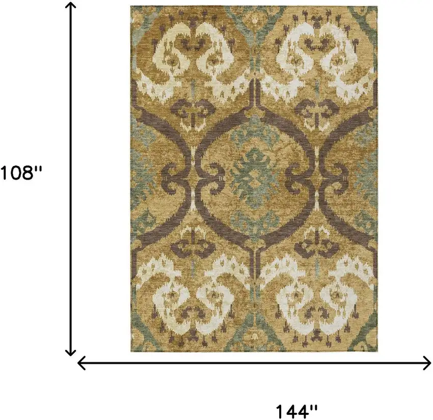Gold And Brown Ikat Washable Indoor Outdoor Area Rug Photo 6