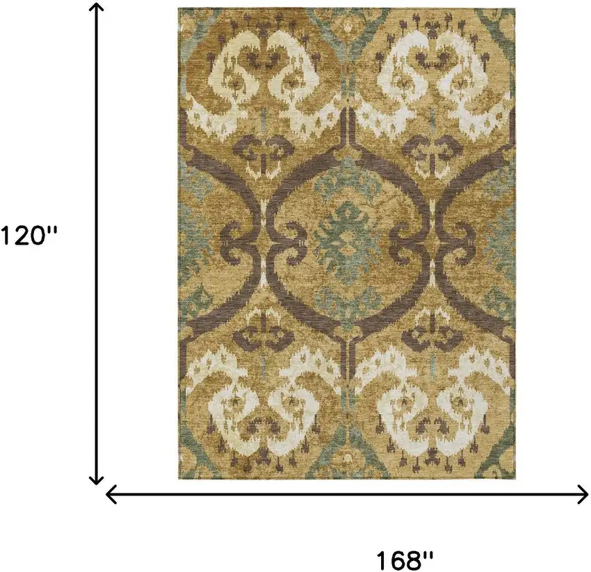 Gold And Brown Ikat Washable Indoor Outdoor Area Rug Photo 6
