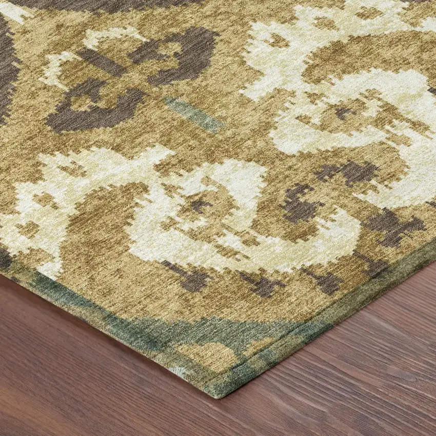 Gold And Brown Ikat Washable Indoor Outdoor Area Rug Photo 4