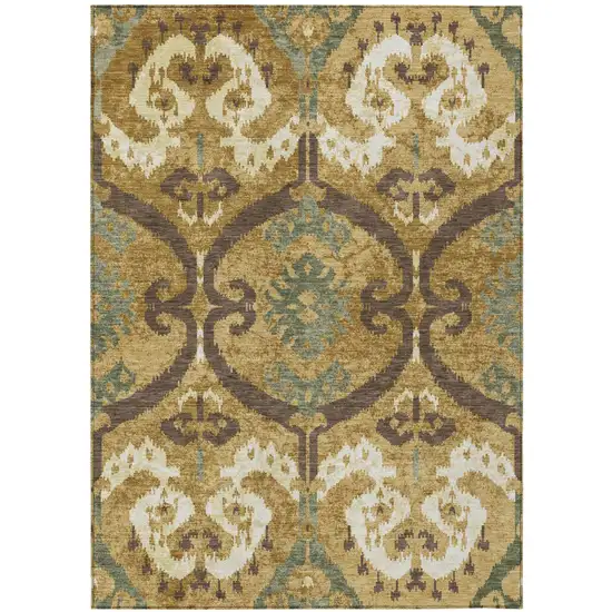 Gold And Brown Ikat Washable Indoor Outdoor Area Rug Photo 1