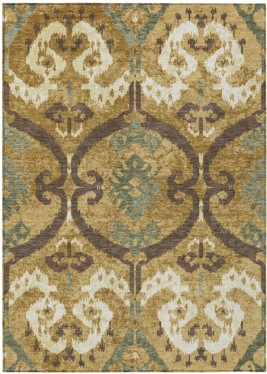 Gold And Brown Ikat Washable Indoor Outdoor Area Rug Photo 1