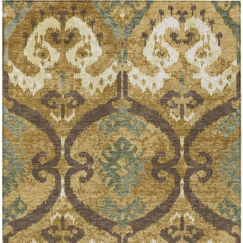 Gold And Brown Ikat Washable Indoor Outdoor Area Rug Photo 3
