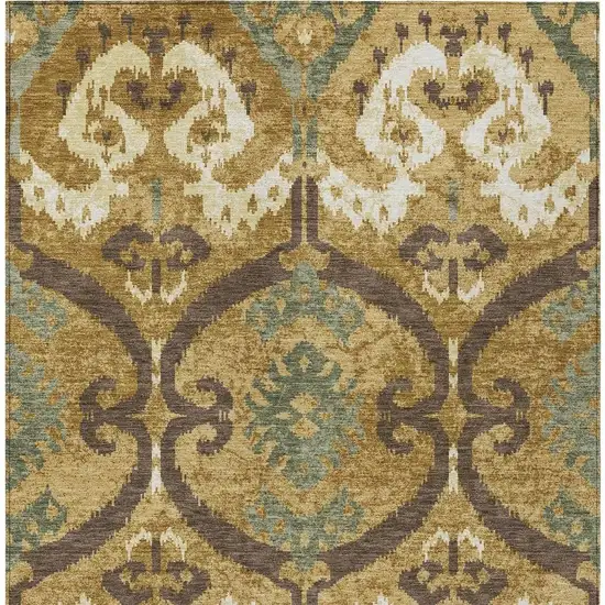 Gold And Brown Ikat Washable Indoor Outdoor Area Rug Photo 3
