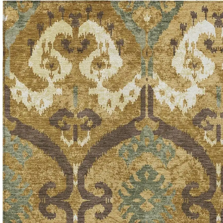 Gold And Brown Ikat Washable Indoor Outdoor Area Rug Photo 2