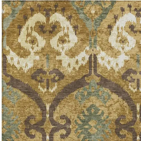 Gold And Brown Ikat Washable Indoor Outdoor Area Rug Photo 2