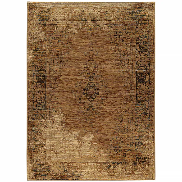 Gold And Brown Oriental Power Loom Stain Resistant Area Rug Photo 1