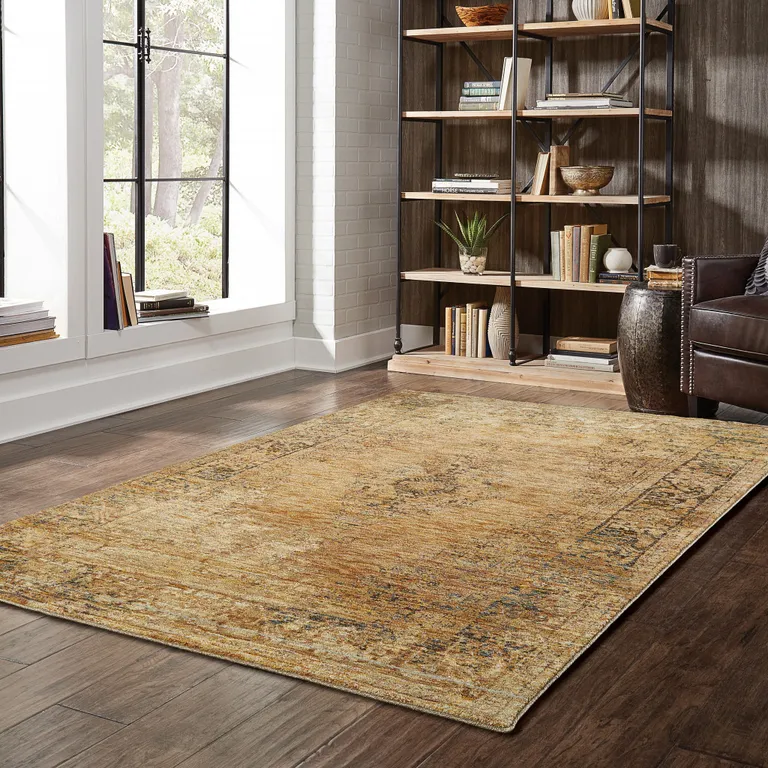 Gold And Brown Oriental Power Loom Stain Resistant Area Rug Photo 3