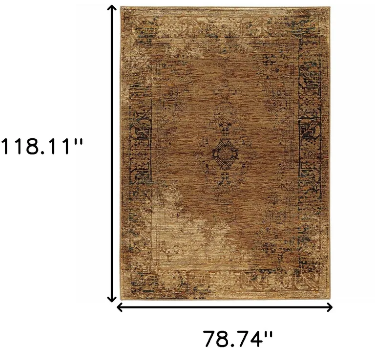 Gold And Brown Oriental Power Loom Stain Resistant Area Rug Photo 3