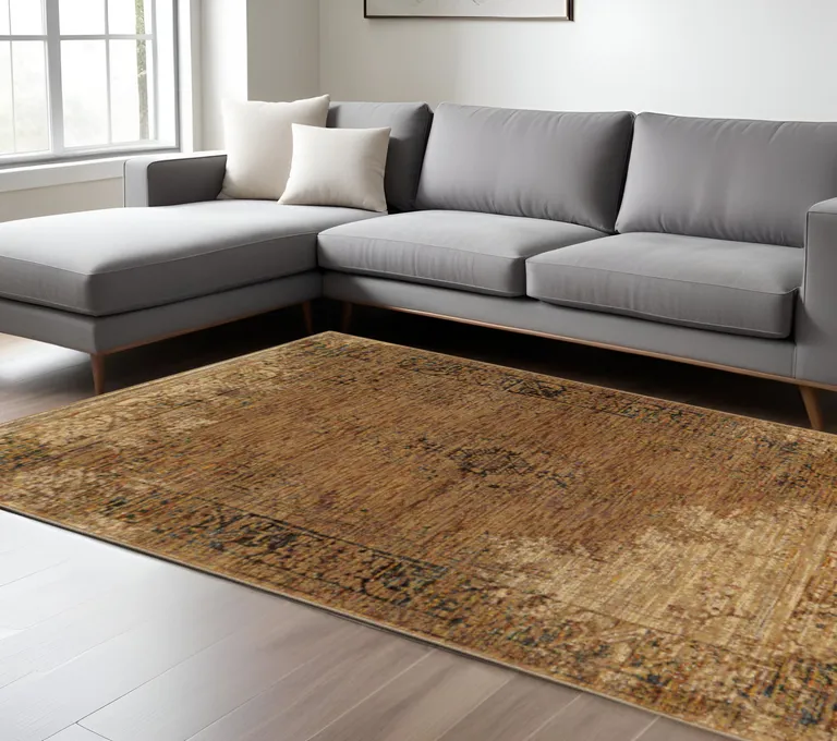 Gold And Brown Oriental Power Loom Stain Resistant Area Rug Photo 1