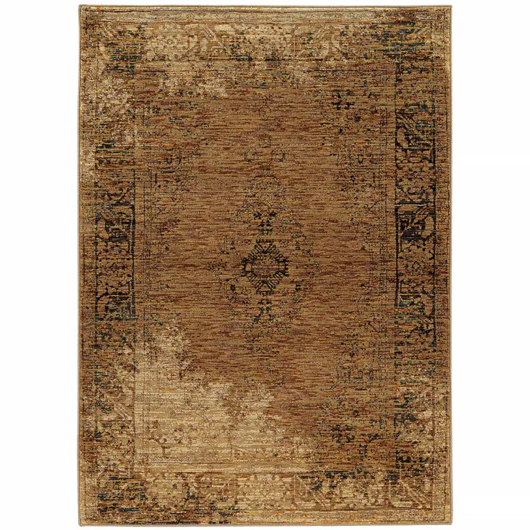 Gold And Brown Oriental Power Loom Stain Resistant Area Rug Photo 2