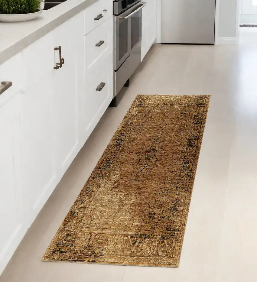 Brown Oriental Power Loom Runner Rug Photo 1