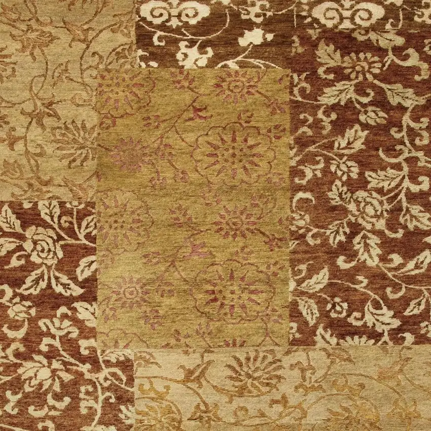 Gold And Brown Patchwork Hand Knotted Area Rug Photo 3