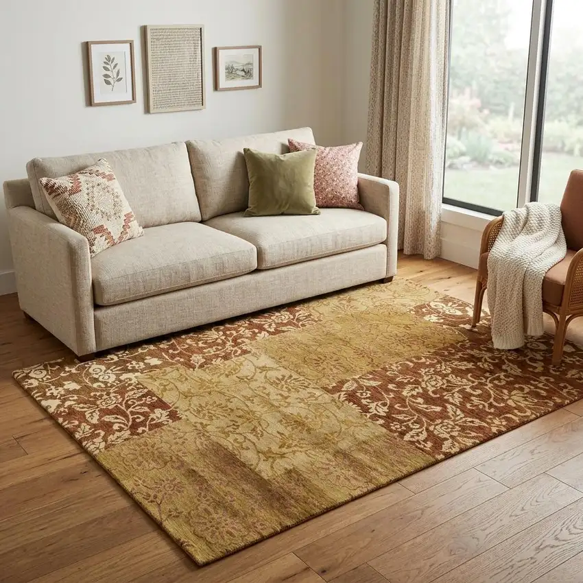 Gold And Brown Patchwork Hand Knotted Area Rug Photo 1