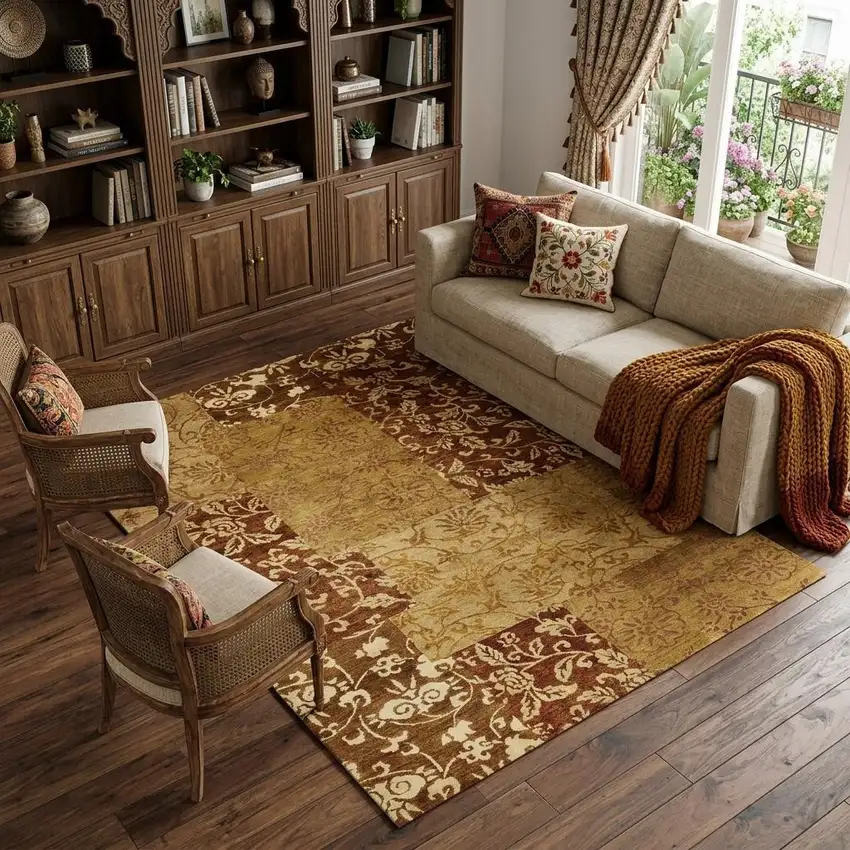 Gold And Brown Patchwork Hand Knotted Area Rug Photo 1