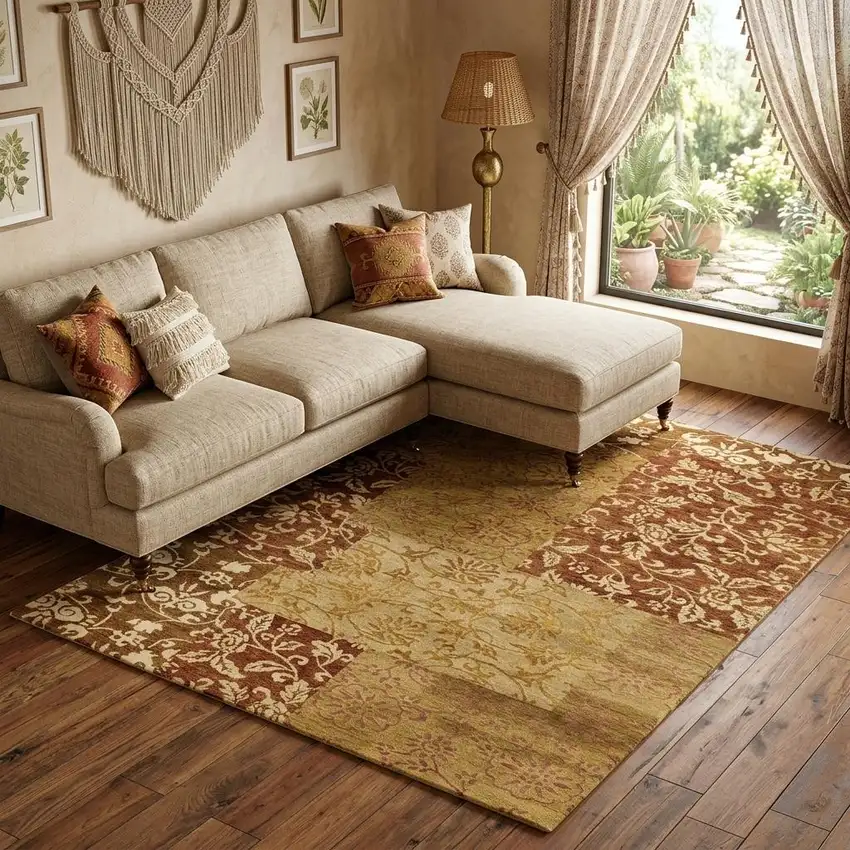 Gold And Brown Patchwork Hand Knotted Area Rug Photo 1