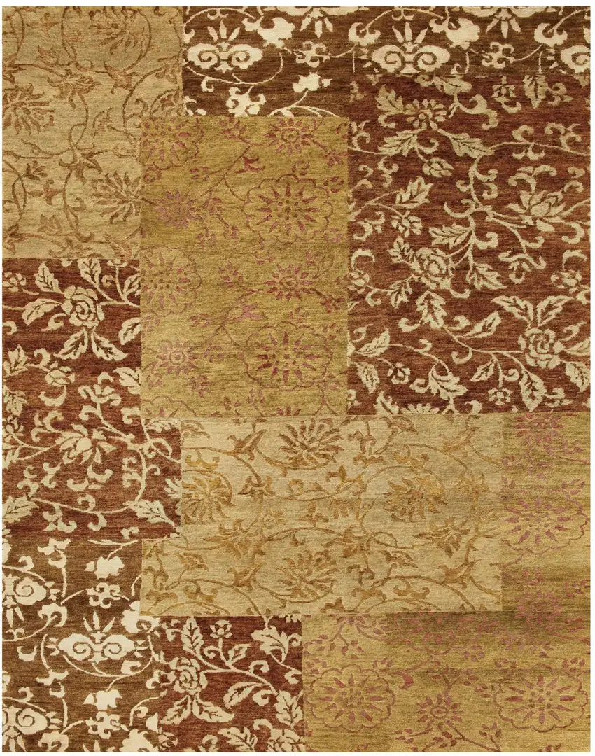 Gold And Brown Patchwork Hand Knotted Area Rug Photo 2