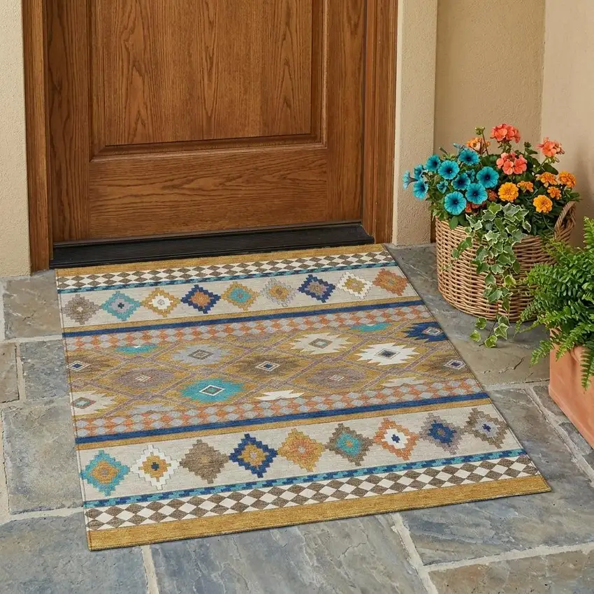 Gold And Brown Southwestern Washable Indoor Outdoor Area Rug Photo 1